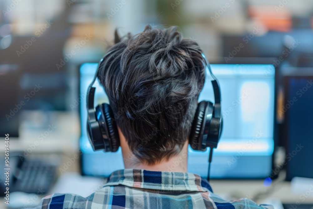 Poster man playing on computer from behind, close up, isolated on blurry background, potential usecase for 