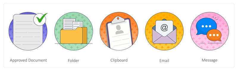 A set of 5 Mix icons as approved document, folder, clipboard
