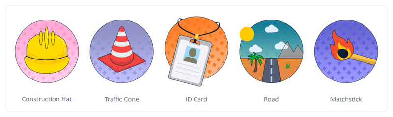 A set of 5 Mix icons as construction hat, traffice cone, id card