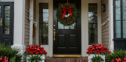 Naklejka premium A front door decorated for christmas with christmas wreaths and wreaths hanging from the side of the front door