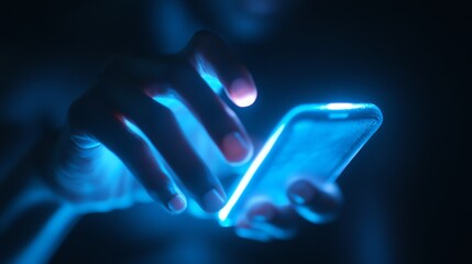 Illuminated phone in a dark setting, hand reaching towards the screen, vibrant blue light creating a soft glow, emphasizing connection and technologys influence at night.