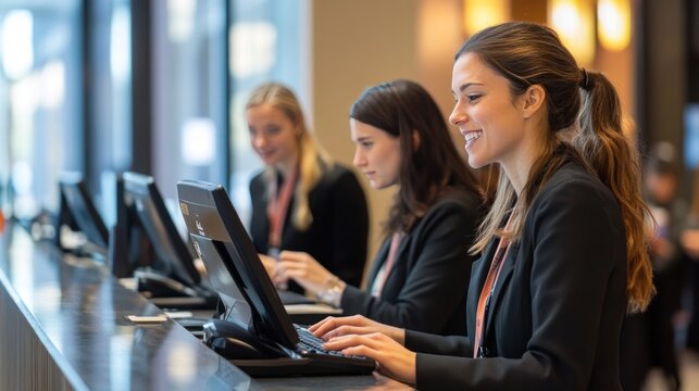 The receptionist is working on a computer and smiling at the hotel reception.