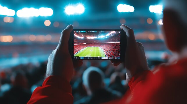 Capturing the Game Night Excitement, vibrant crowd, illuminated stadium, fan engagement, mobile photography, soccer atmosphere, immersive sports experience