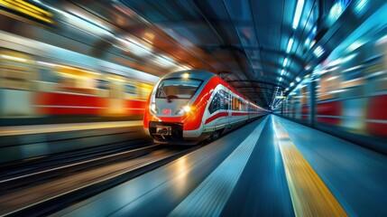 Fast-moving high-speed passenger trains highlight the concept of modern railway transportation. Blurry effect.