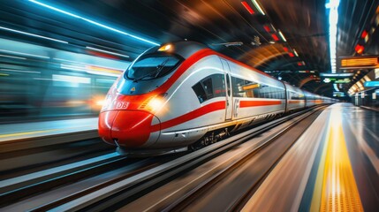 Fototapeta premium Fast-moving high-speed passenger trains highlight the concept of modern railway transportation. Blurry effect.
