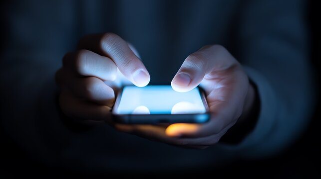 Illuminated Phone Interaction, a person focused on their smartphone screen in a dimly lit environment, fingers poised for navigation, capturing digital engagement moments.