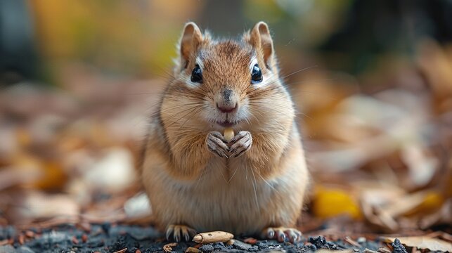 Adorable chipmunk enjoying a corn kernel in a lush park, with a fluffy tail and small paws exuding natural charm and innocence.