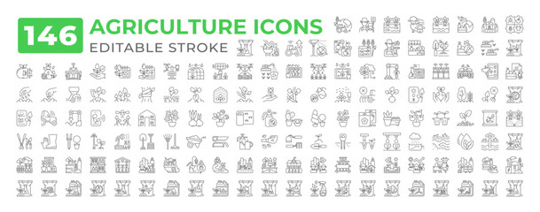 Agriculture agribusiness line icons big set. Crops seeding. Gardening tools. Fertilizer horticulture. Smart farming iconset outline pictograms. Isolated linear vector illustrations. Editable stroke