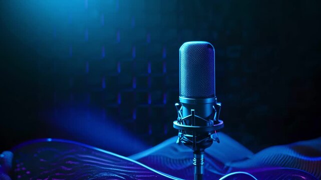 A professional microphone on a stand with a blue and purple abstract background.