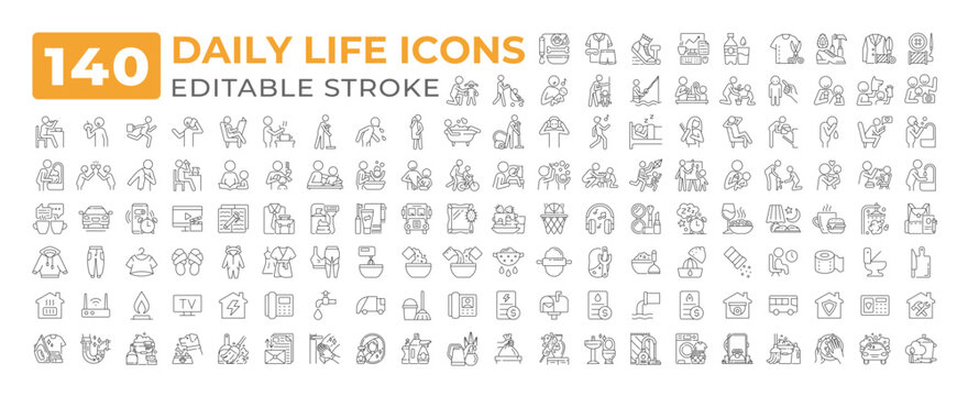 Daily life line icons big set. Housekeeping, utilities, cooking. Parent child. Human behavior. Everyday routine home iconset outline pictograms. Isolated linear vector illustrations. Editable stroke