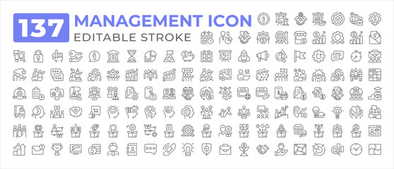 Management line icons big set. Performance business finance. Brainstorming team. Corporate strategy teamwork iconset outline pictograms. Isolated linear vector illustrations. Editable stroke