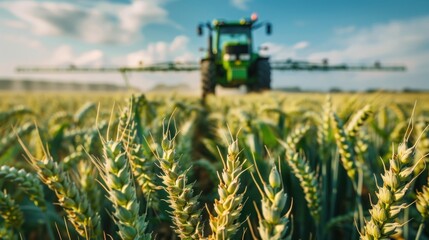 Focus on green wheat. Tractor background in wheat field for spraying herbicide, insecticide and fungicide in green wheat field