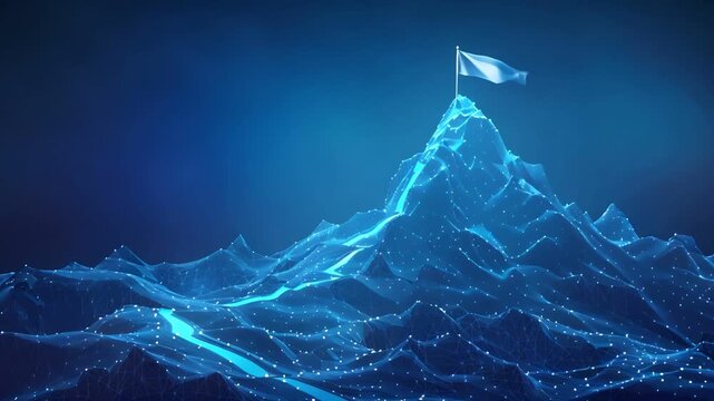 A glowing mountain peak with a flag waving at the summit, symbolizing success, achievement, and ambition.