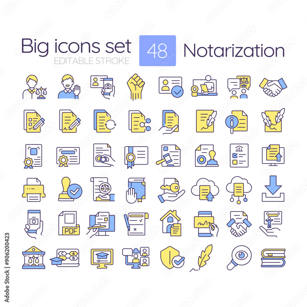 Poster notarization rgb color icons set. notary services, person identification. contract statement, docume
