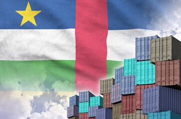 Central African Republic flag and big stack of shipping cargo containers in docks with sky...