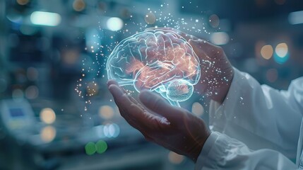 Doctor holding brain with digital network with both hands in hospital or lab room,Doctor on blurred background using digital brain scan hologram 3D rendering,psychologist and mental health concepts.