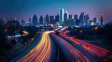 Fototapeta premium A busy highway with a large building in the background. The sky is orange and pink, creating a warm and inviting atmosphere
