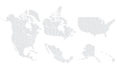 North America map templates. USA, Canada and Mexico map Grayscale,isolated on white background for website layouts,background,education, precise,customizable,Travel worldwide,map silhouette backdrop.