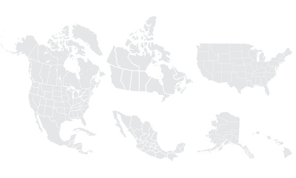North America map templates. USA, Canada and Mexico map Grayscale,isolated on white background for website layouts,background,education, precise,customizable,Travel worldwide,map silhouette backdrop.