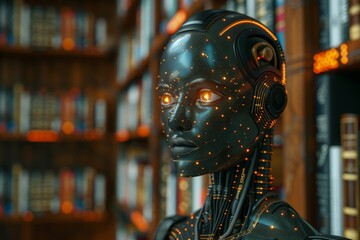 Fototapeta premium A detailed robot model with glowing features observes the bookshelves in a dimly lit library