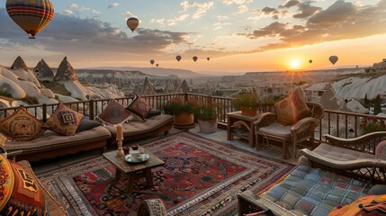 Explore the stunning Goreme, Turkey. Stay at a charming hotel with a colorful terrace adorned with carpets. Witness the magical sunrise over Kapadokya with hot air balloons soaring above.