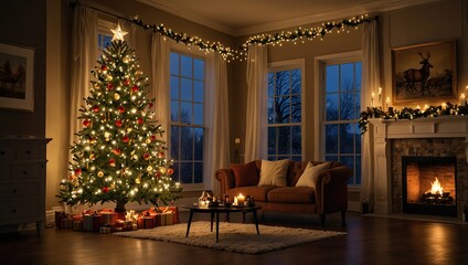 A holiday celebration scene with celebration string lights decorating a Christmas tree, filling the room with a warm and festive glow