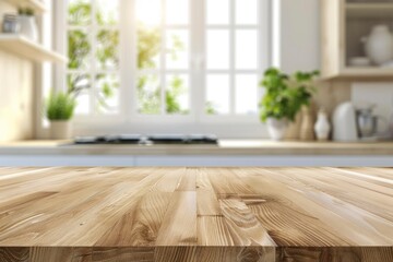 kitchen table background, wood counter top on blur of white clean abstract home interior with bokeh. used for display or montage your wooden for dining background with generative ai