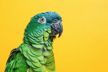 Obraz premium Vibrant Green Exotic Parrot Against Vibrant Yellow Background, Colorful Bird Portrait for Tropical and Nature Designs Generative AI