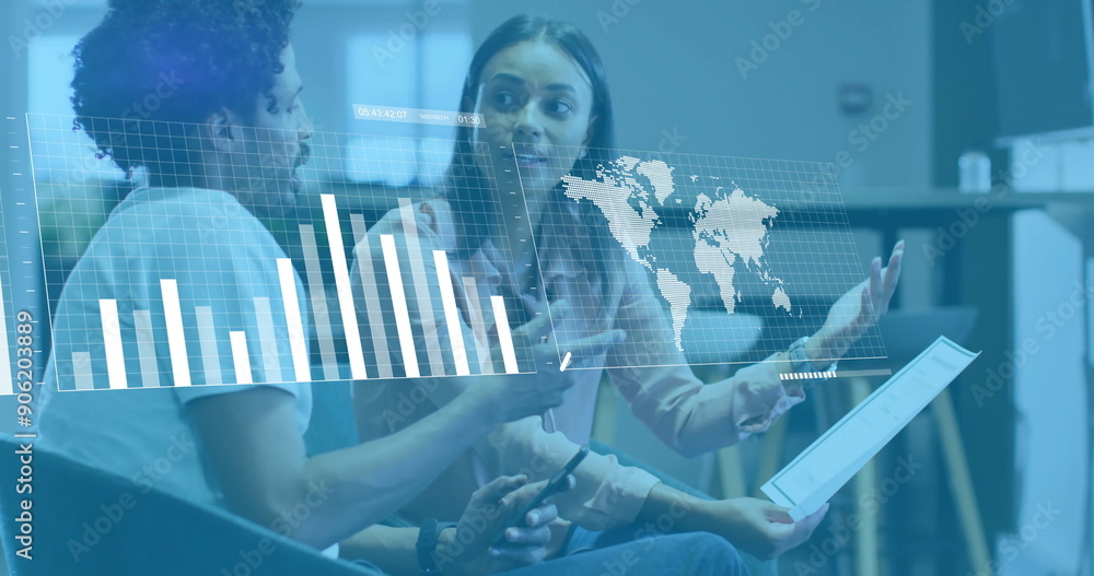 Poster image of financial data processing over diverse colleagues discussing work in office