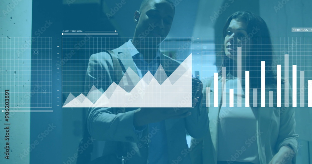 Aufkleber image of financial data processing over diverse colleagues discussing work in office