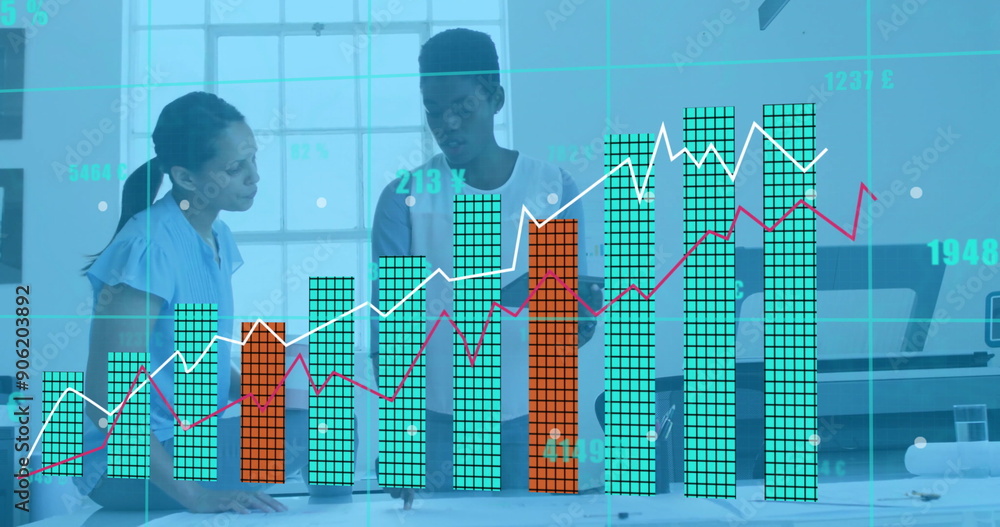 Poster image of financial data processing over diverse colleagues discussing work in office