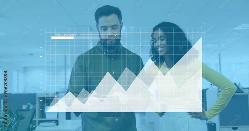 Poster image of financial data processing over diverse colleagues discussing work in office