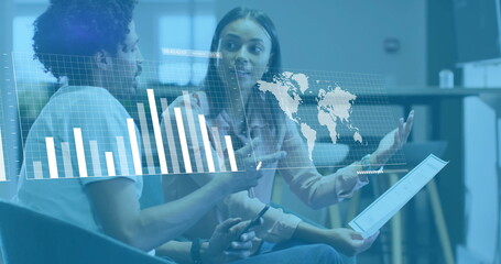 Image of financial data processing over diverse colleagues discussing work in office