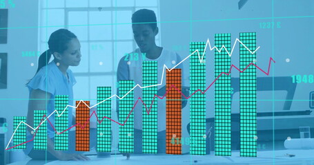 Image of financial data processing over diverse colleagues discussing work in office