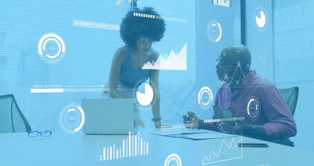 Image of financial data processing over diverse colleagues discussing work in office