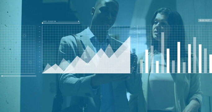 Image of financial data processing over diverse colleagues discussing work in office