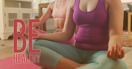 Image of be healthy over diverse female couple exercising at home