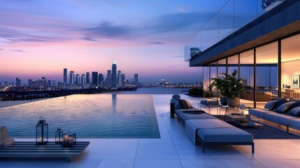 Fototapeta premium A modern terrace lounge featuring a stunning infinity edge pool, minimalist furniture, and a breathtaking view of a city skyline at dusk.