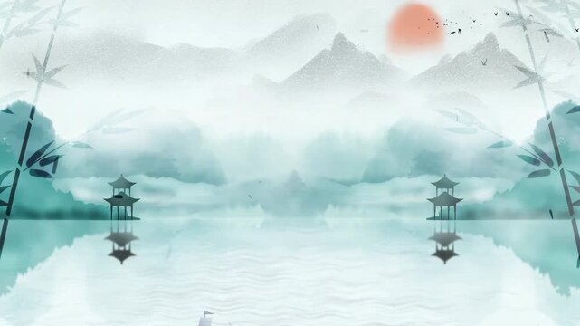 Fantasy bright ambience landscape bamboo of beautiful morning sky, mountains, flowers, lake, ancient house with simple animation in Japanese Chinese anime watercolour style.