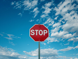 Obraz premium Bright Red Stop Sign Stands Against a Clear Blue Sky With Fluffy Clouds