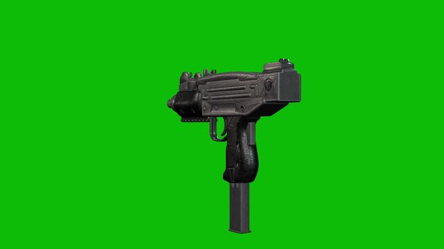 3D model of a modern XS SMG machine gun rotating 360 degrees on green screen 3D animation