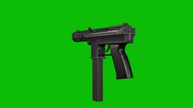 3D model of a modern Sting SMG machine gun rotating 360 degrees on green screen 3D animation