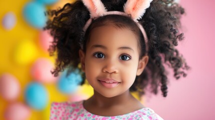 Fototapeta premium A joyful girl with curly hair in bunny ears smiles brightly in a festive, colorful background