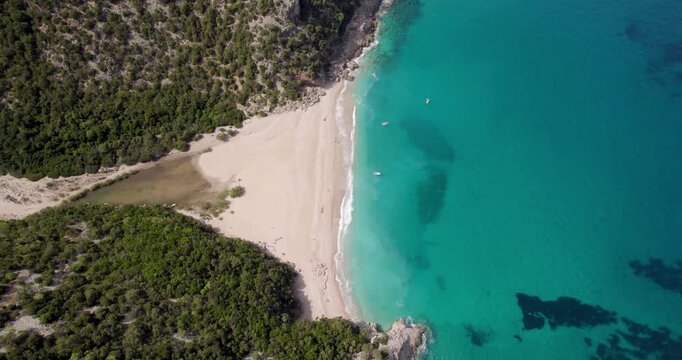Top Down Aerial Shot Of Beautiful Beach Landscape At Sardinia, Italy.