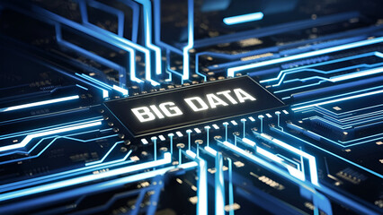 Digital schematic banner with radiant lights and data dots connected in blue and black tones. Embodies the big data technology theme. Generated ai