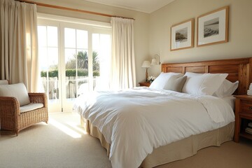 Fototapeta premium Serene Bedroom with White Bedspread and Wooden Furnishings Bathed in Soft Natural Light