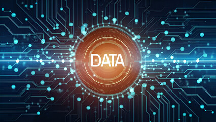 Digital schematic banner with radiant lights and data dots connected in blue and black tones. Embodies the big data technology theme. Generated ai