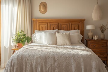 Serene Bedroom Interior with White Bedspread and Wooden Furniture Bathed in Soft Natural Light