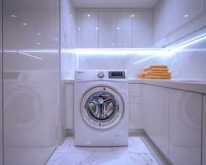 Clean and Functional Modern Laundry Room with White Cabinets and Washing Machine