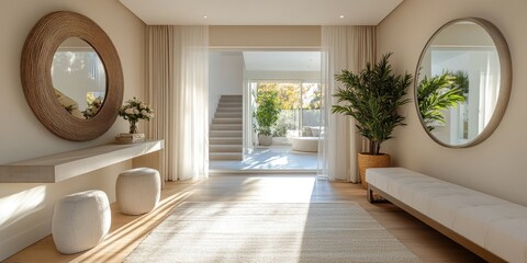 Minimalistic Elegance: Serene Entryway with Clean Console Table and Decorative Mirror